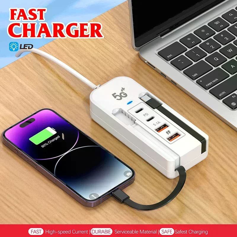 4 Port USB Charger With Type C Socket Extension Cable Multi Port Dual PD Fast Charging For Mobile