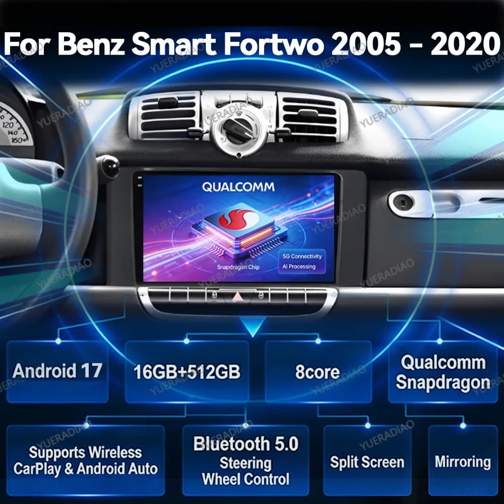 Android 17 Car Radio For Benz Smart Fortwo 451 2005 - 2010 Qualcomm Touch Screen Multimedia Stereo Video Player 4G LTE 5G WIFI