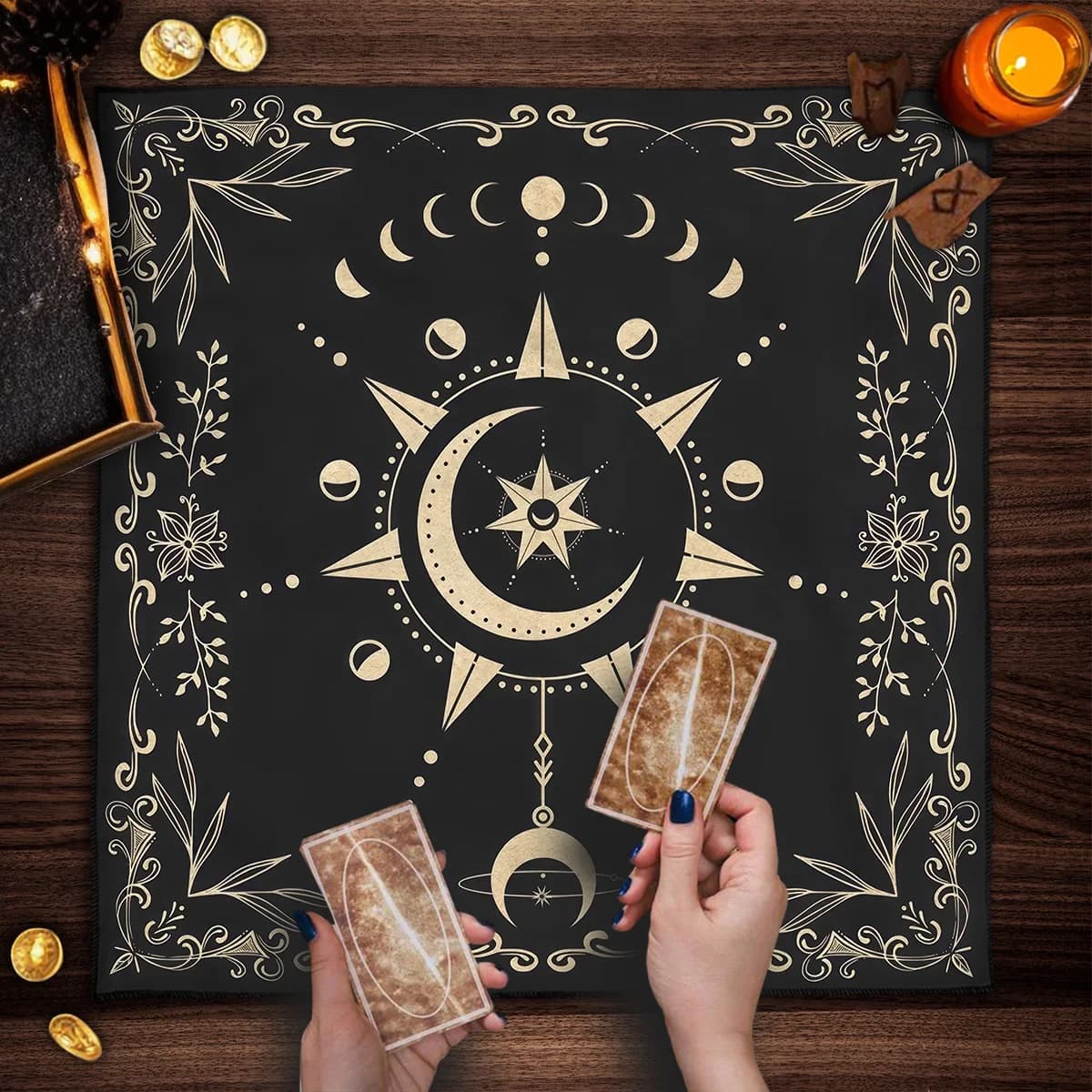 Tarocchi con fasi lunari e fiori Tovaglia in stoffa Altare Stregoneria Astrologia Carte Oracle Pad Gioco da tavolo Decorazioni per carte