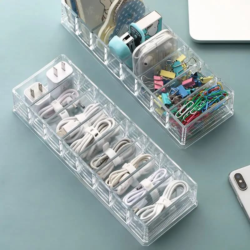 1pc plastica trasparente 7 griglie scatola di immagazzinaggio del cavo dati Desktop caricatore del cellulare scatola di finitura del cavo di ricarica scatola di griglia divisa