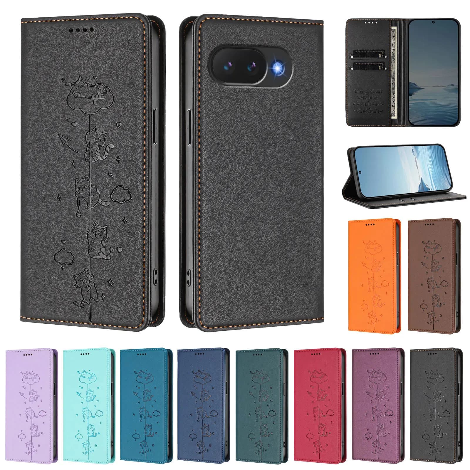 Custodia a Portafoglio in Pelle con Motivo Gatto Carino per Google Pixel 10A 9A 8A 7A 6A 10 9 Pro XL 8 7 6 Pro, con Slot per Carte e Protezione RFID
