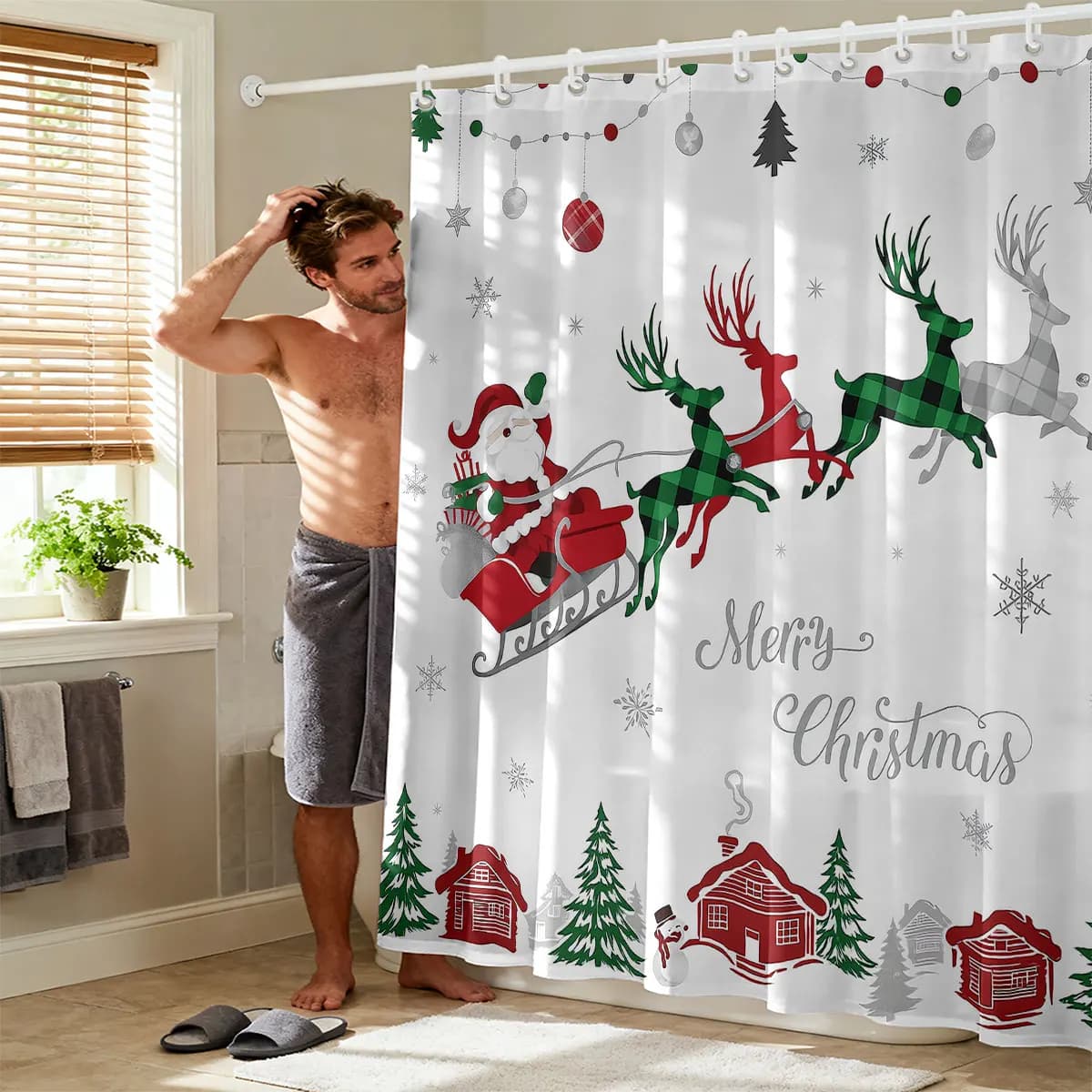 The waterproof shower curtain with Christmas sleigh, reindeer with stickers, and it includes free accessories