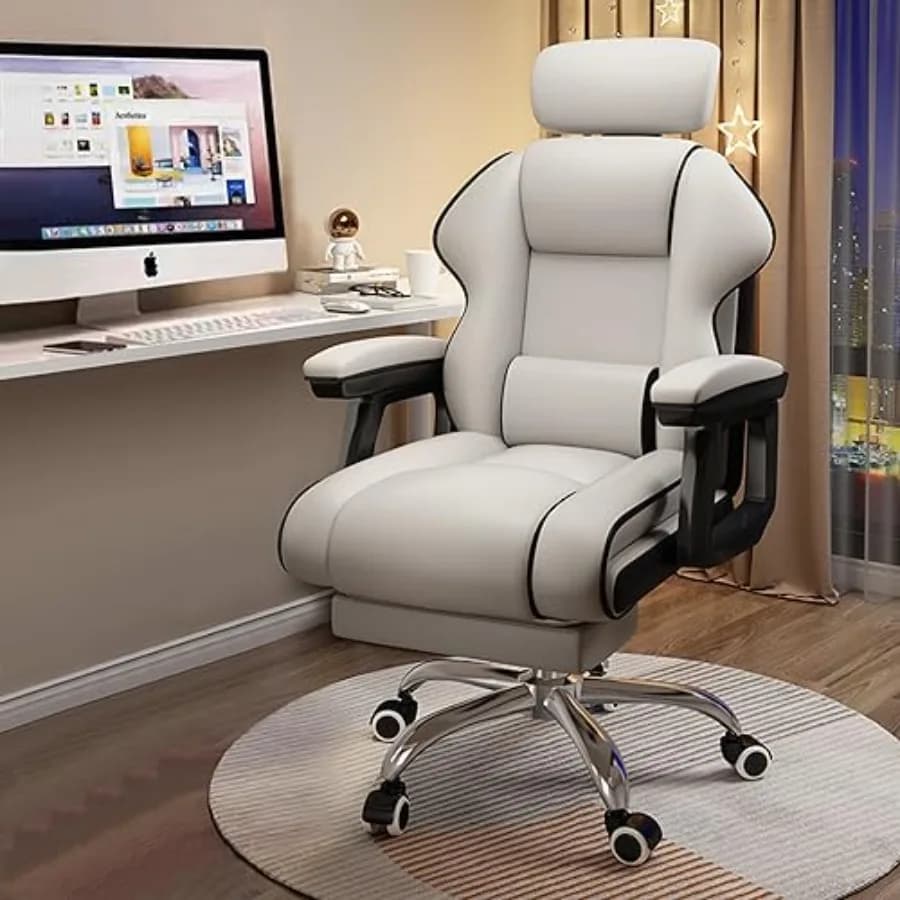 Home office desk chair: PU leather, black, ergonomic adjustable height and angle with cushioned armrests and footrest for long-
