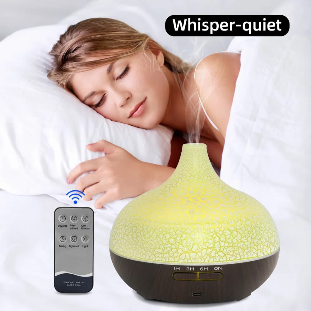 Umidificatore per Grandi Ambienti e Diffusore di Aromi con Serbatoio da 550ml, Telecomando, Ultra Silenzioso per Camera da Letto, Spegnimento Automatico, Luce Notturna