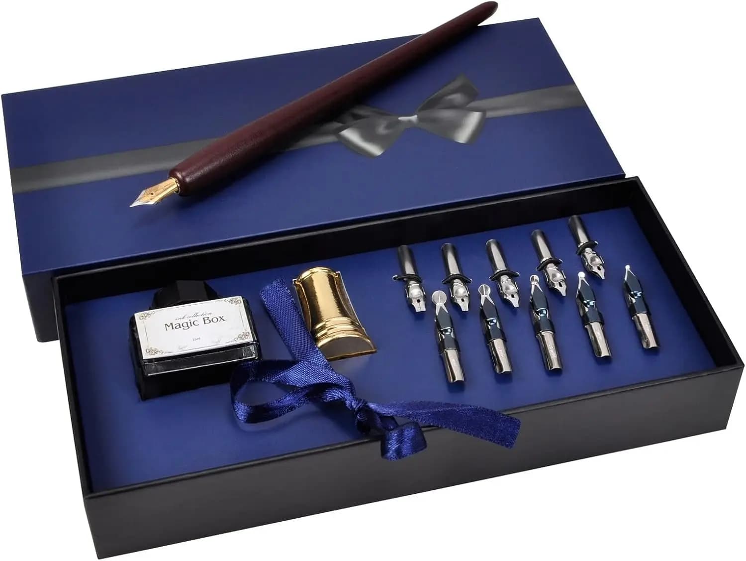 Wooden Pen Calligraphy Set - Dip Pen Gift Writing Case - Black Ink Bottle & Golden Holder & 11 Nibs and Beginner's Manual