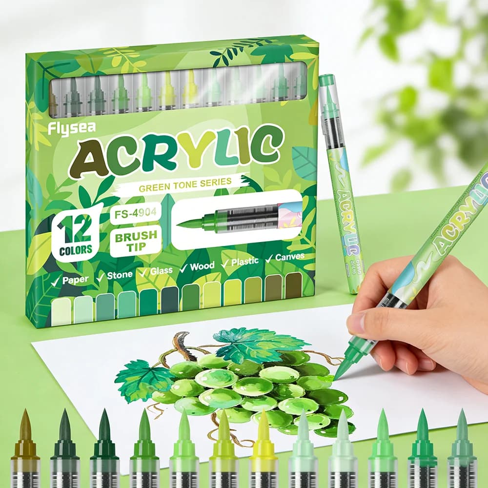 Penne per vernice acrilica Green Tone Pennarelli acrilici con punta a pennello flessibile per libri da colorare per adulti Vetro ceramico su tela con pittura su roccia