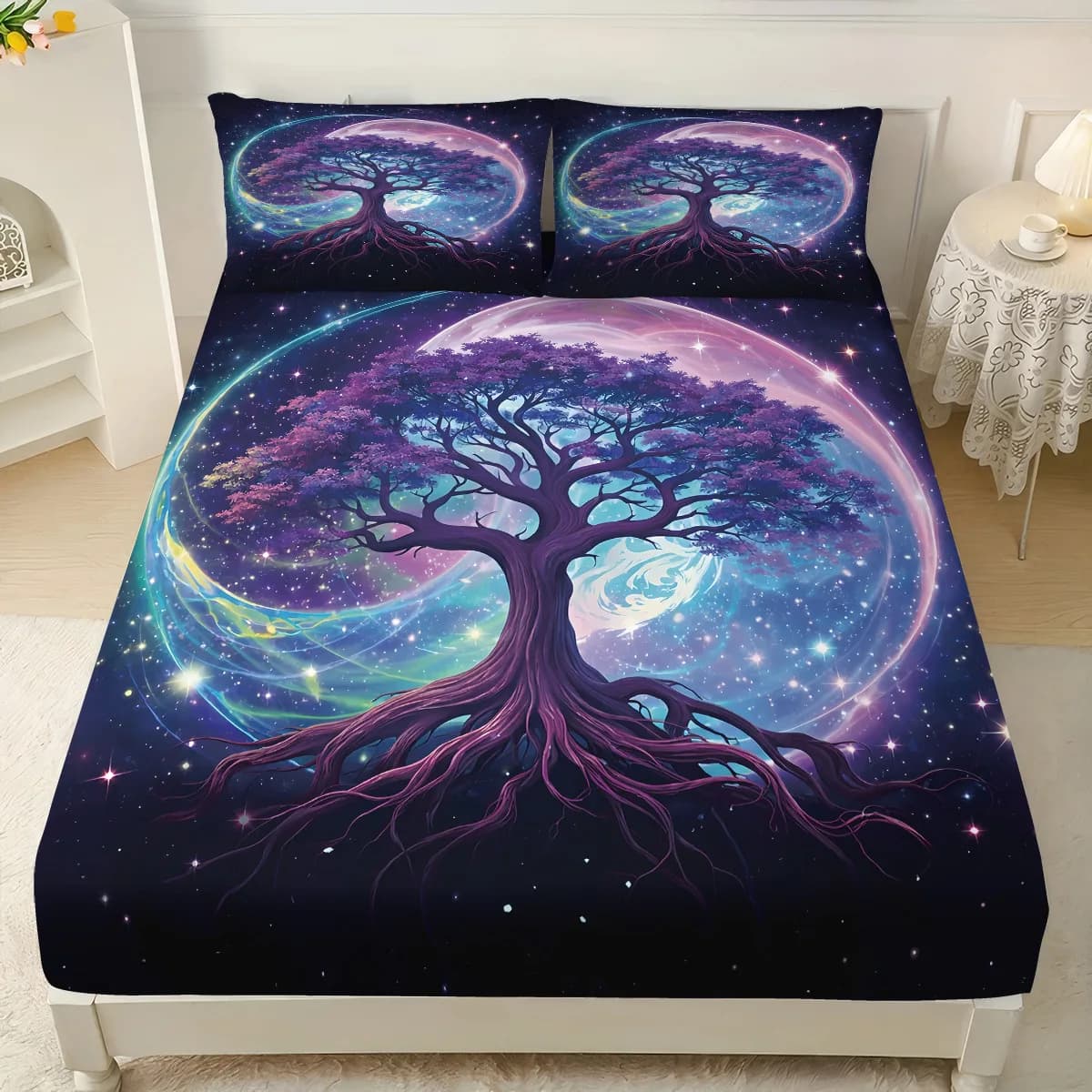 Nordic Mythology Bed Linen,Yggdrasil Nature Tree of Life Fitted Bed Sheet Fitted Sheet,with Elastic Band Bedroom Decor Gift