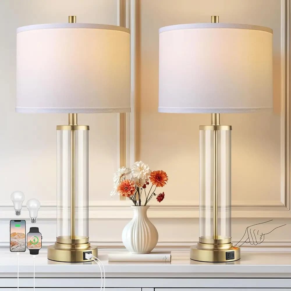 Set di 2 Lampade da Comodino, Lampade da Tavolo con Controllo Touch e Porte USB A+C, Lampada da Comodino Dimmerabile a 3 Livelli con Paralume in Tessuto, Mo
