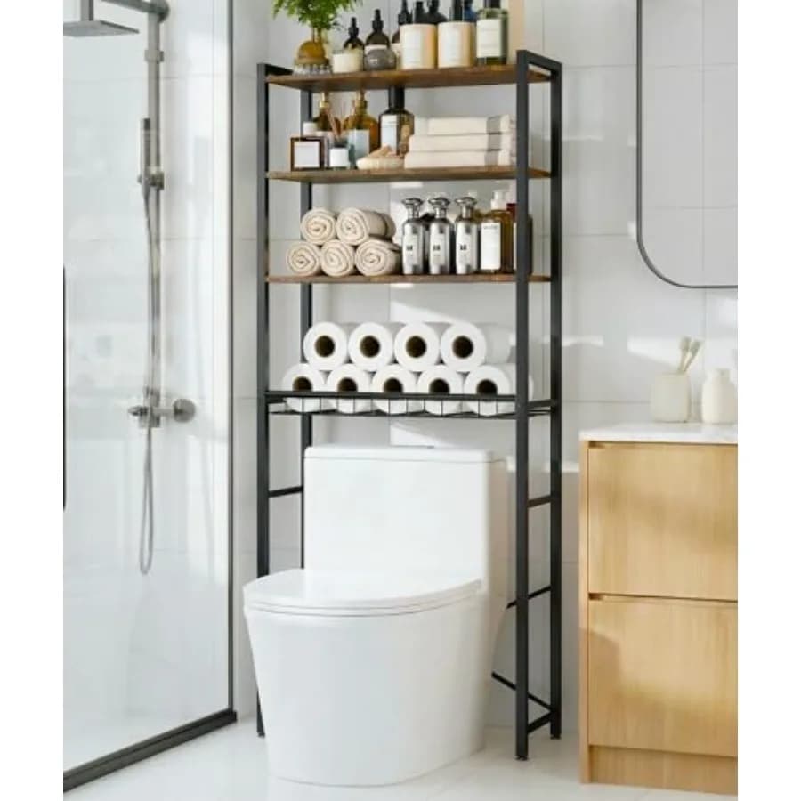 4-level storage shelves to be placed above the toilet with single-block wooden shelves, open network basket, bathroom organizer with adjustable feet