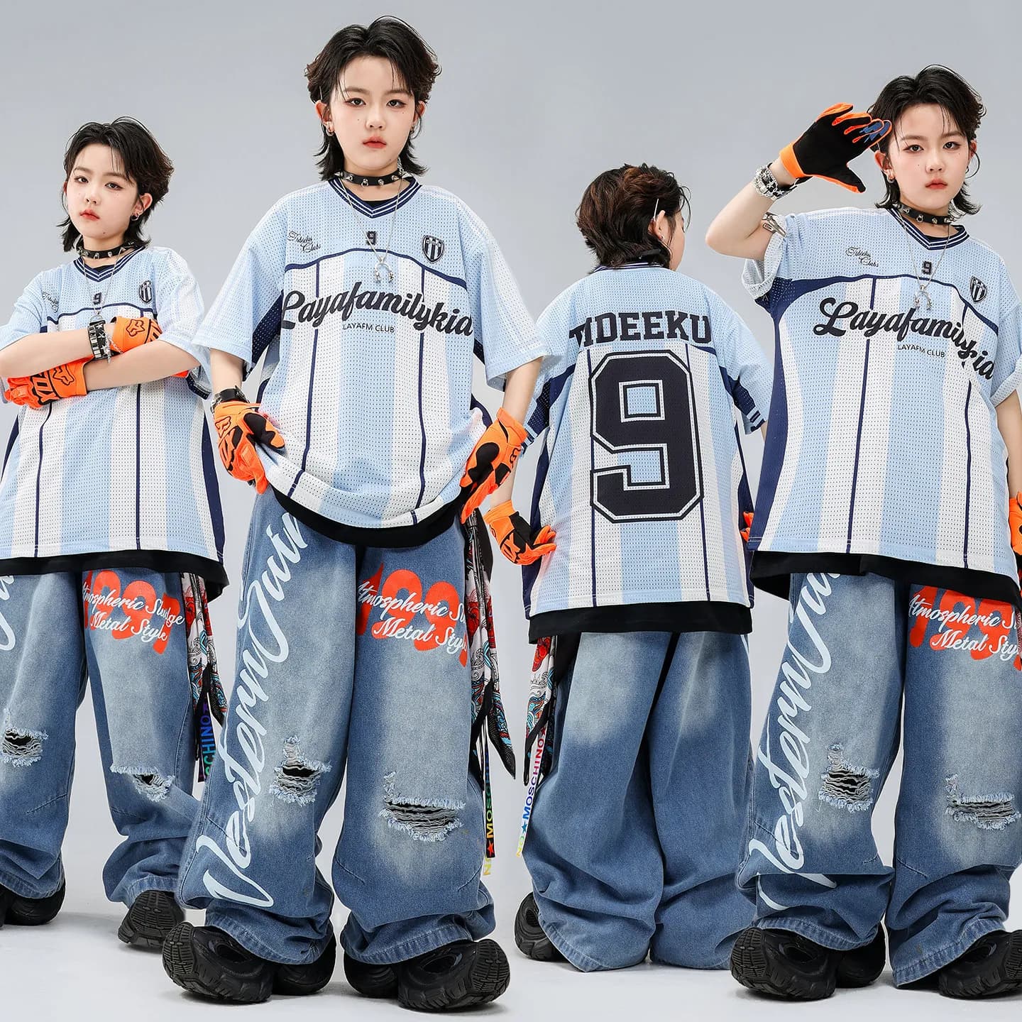 Abbigliamento Hip Hop Kpop per Bambini, Maglietta a Rete a Righe Blu e Bianche, Jeans Blu Strappati per Ragazze e Ragazzi, Costume da Ballo