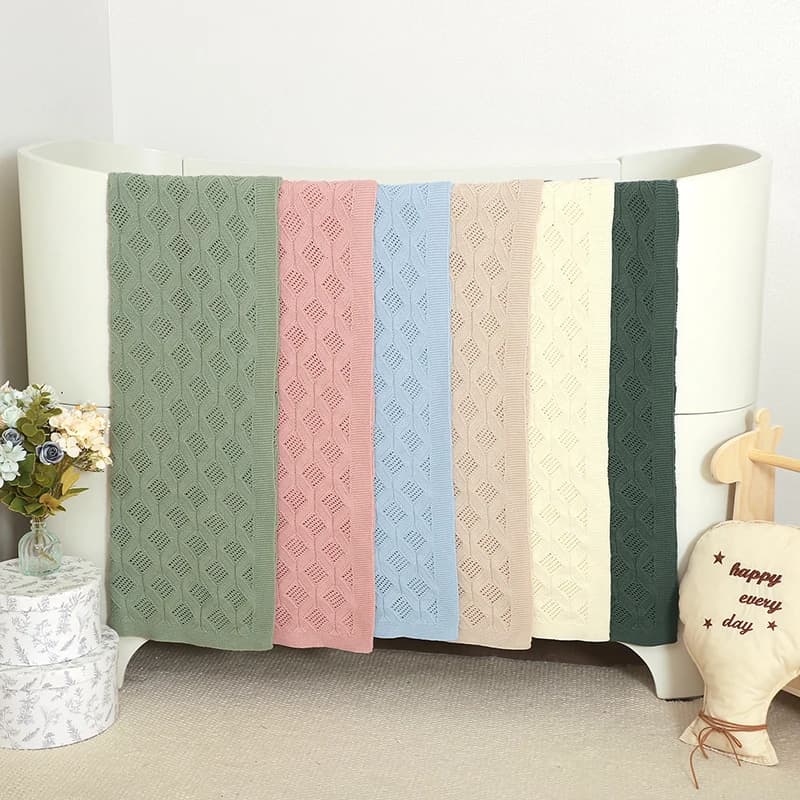 Copertina per Neonati in Cotone Lavorato a Maglia, Trapuntino Super Morbido alla Moda per Bambini e Bambine, Design Traforato a Quadri 100*80cm, per Passeggino e Avvolgimento