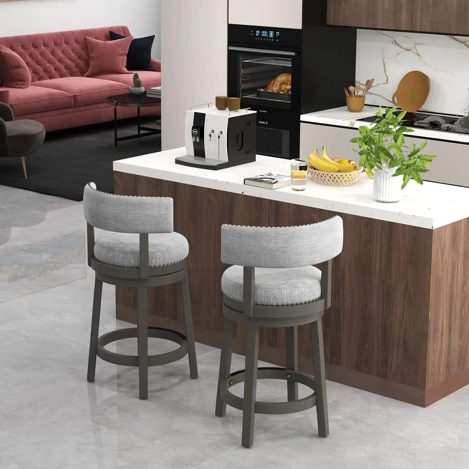 Bar Stool Set of 2, 27-inch 360° Swivel Barstool with Upholstered Back & Seat, Solid Rubber Wood Legs & Footrest,Customized