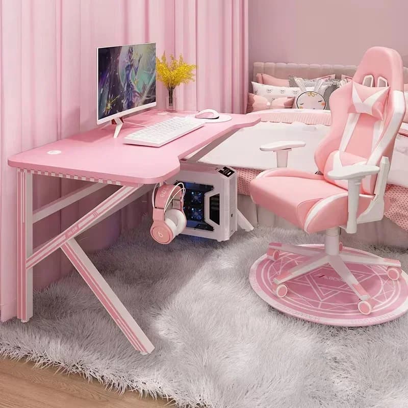 Scrivania da gioco rosa per ragazze, tavolo da studio per laptop, tavolo per computer, bianco, per giocatori dal vivo, per la casa, camera da letto dal vivo, desktop
