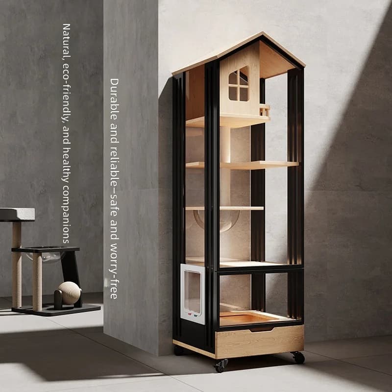 Villa di Lusso in Legno per Gatti con Lettiera Integrata, Catio Multilivello Salvaspazio per Interni, Design Panoramico, Ideale per Piccoli Appartamenti