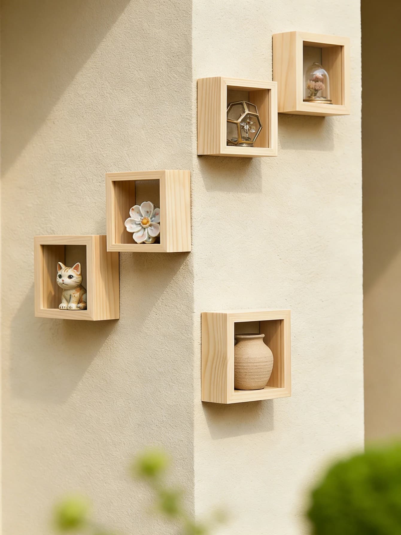Wooden Cube Wall Shelves Mini Floating Display Shelf for Figurines Plants Decor Boho Home Wall Storage Organizer Hanging Shelves