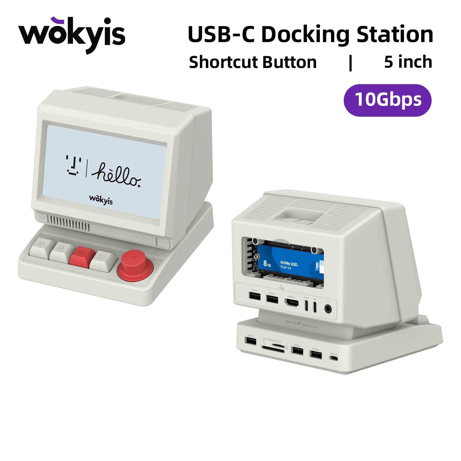 Wokyis 10Gbps USB C Docking Station with M.2 NVMe SSD Enclosure Shortcut Key Hub 4K HDMI Desktop Controller for Laptop MacBook