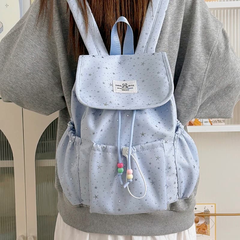 Nuovo Zaino Moda con Stampa Stelle Bianche e Coulisse, Perline Colorate, Borsa da Viaggio per Studenti, Zaino Casual Leggero da Donna per la Scuola