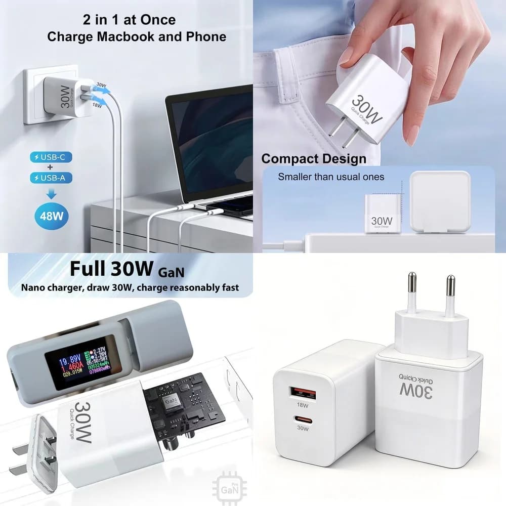 30W Dual Port USB C Wall Charger PD QC 3.0 Fast Charging Type C USB A Adapter Quick Charge for iPhone Samsung Xiaomi iPad EU US