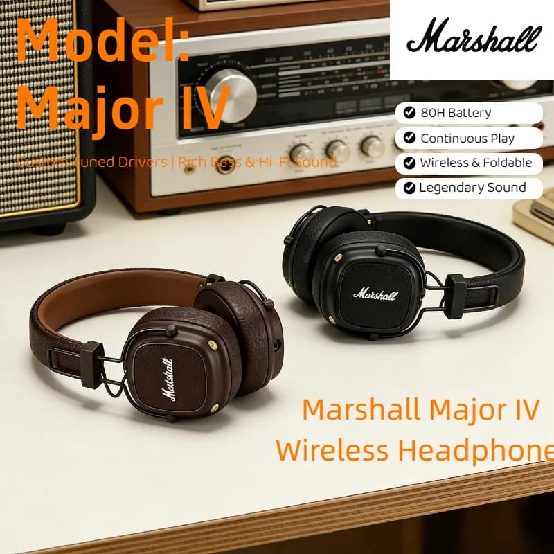 Cuffie Bluetooth Marshall Major IV, Auricolari Wireless On-Ear, 80 Ore di Autonomia, Design Pieghevole, Bassi Profondi, Cuffie Stereo per Gaming