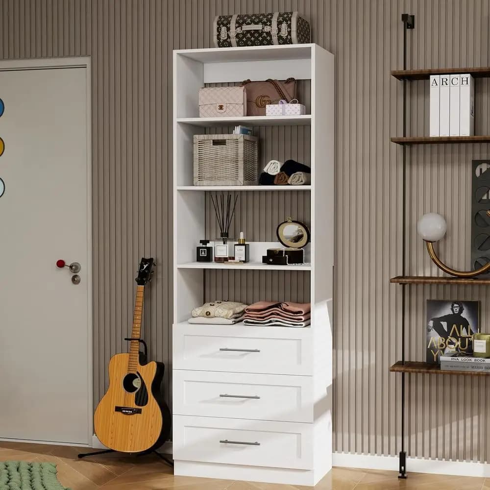 Organizzatore per Cabina Armadio Bianco 81 con 3 Cassetti, Ripiani e Asta Appendiabiti Espandibile