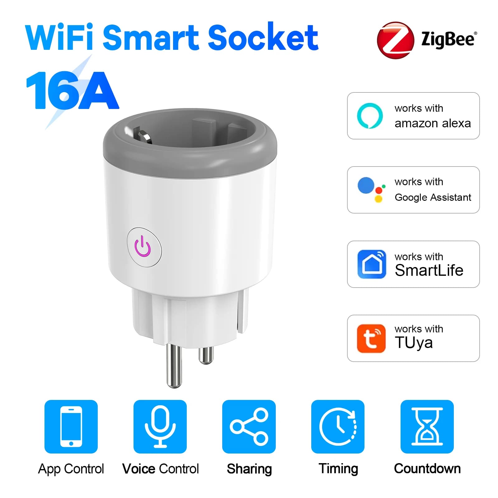 Tuya WiFi Smart Plug EU 16A Energy-saving smart socket Remote app Voice timer control Countdown Alexa Google Home EU Standard