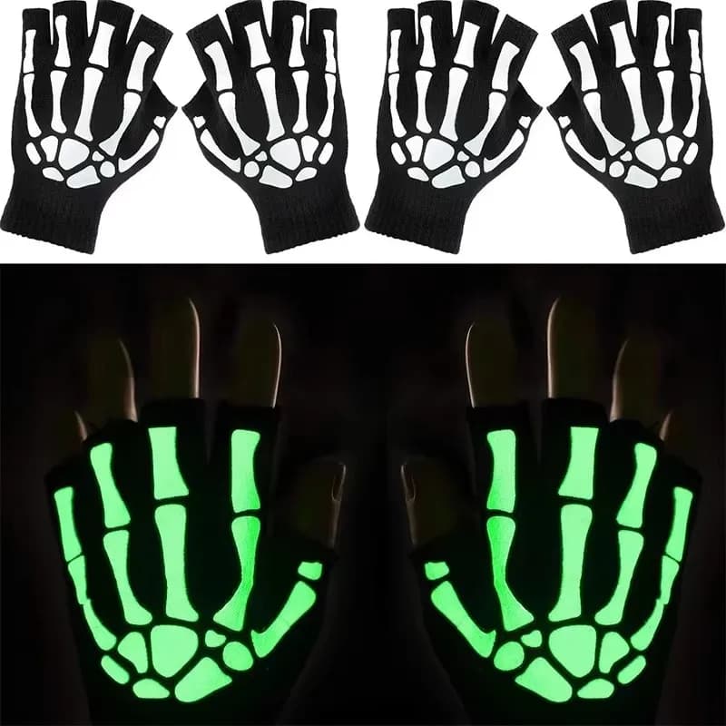 1/2/3/4pairs Adult Solid Color Acrylic Half Finger Gloves Skull Gripper Print Riding Non-Slip Wrist Gloves Warm Knit Gloves