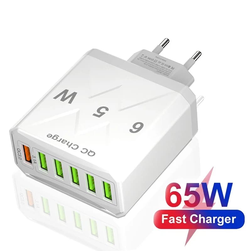 Caricatore USB da 65 W a 6 porte Ricarica rapida QC 3.0 Caricatore da muro da viaggio Adattatore per telefono cellulare Spina UE KR USA per iPhone Samsung Xiaomi