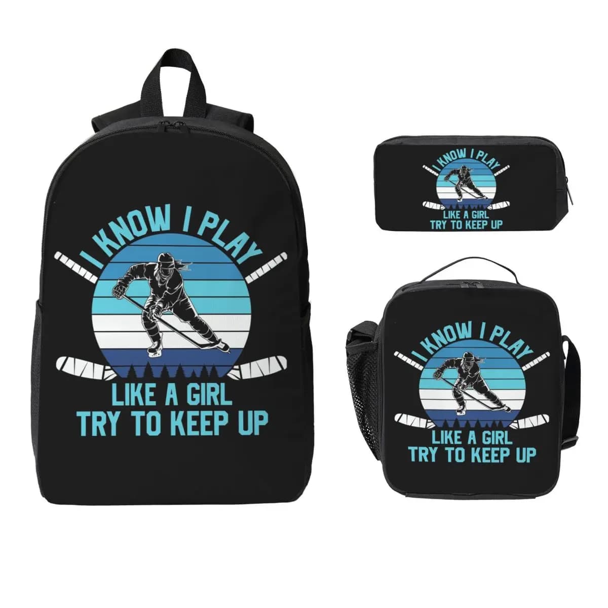 Senso che gioca come una Gril Prova di mantenere lo zaino da hockey Studente Ragazzo Ragazza BookBag Borsa da scuola Borsa da pranzo isolata 3ps Astuccio