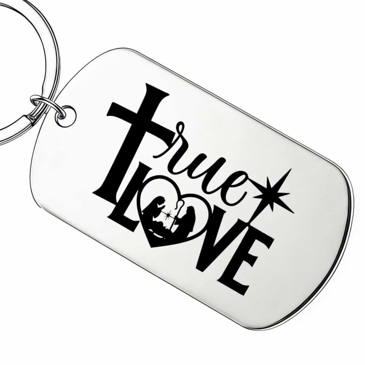 1pc Stainless Steel Laser Engraved Keychain True Love Cross Nativity Birth of Jesus Christian Religious Keyring Gift For Men Son