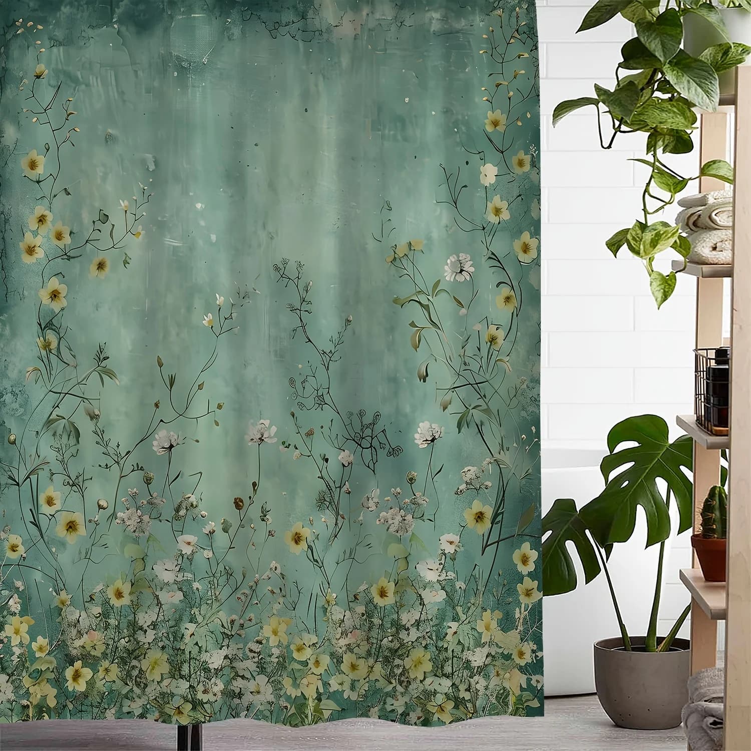 Tenda da doccia con stampa floreale vintage e fogliame con 12 ganci - Poliestere impermeabile, design floreale verde e bianco per il bagno dicembre
