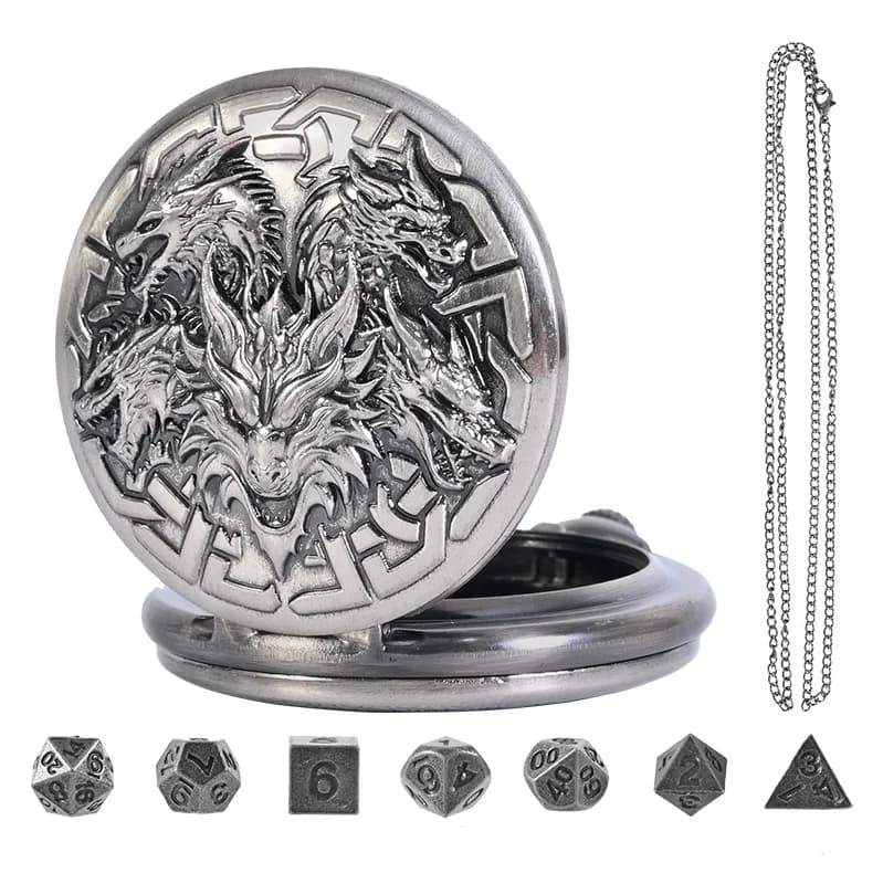 Set di dadi DND, mini dadi in metallo da 7 pezzi con guscio per orologio da tasca, matrice D&D portatile con collana, dadi Dungeons and Dragons per RPG