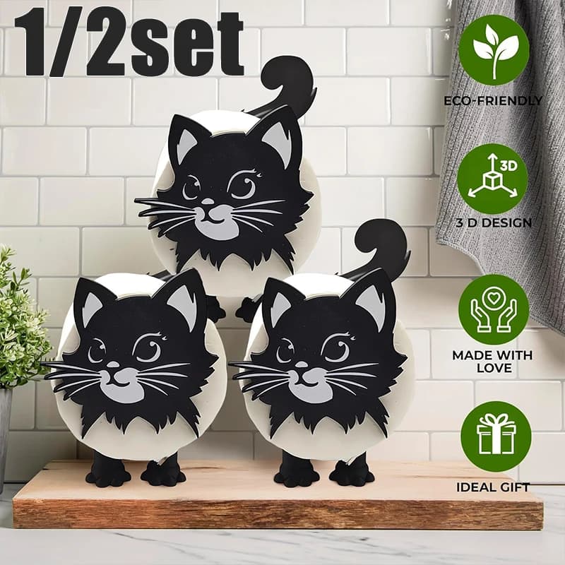1/2Set carino 3D stampato gatto nero portarotolo gatto toilette bagno rotolo di carta portaoggetti divertente gatto nero set di decorazioni per il bagno