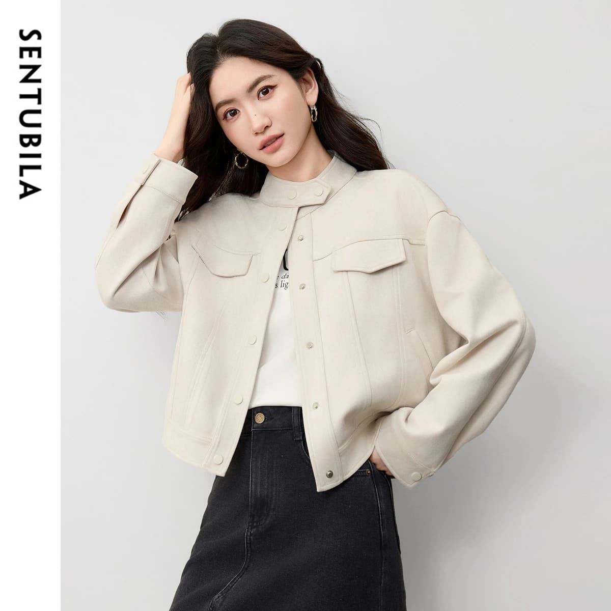 Giacca Bomber da Donna SENTUBILA in Pelle Scamosciata con Collo Alto e Spalle Cadenti, Collezione Primavera 2026 - Cappotto da Donna 153WB2263