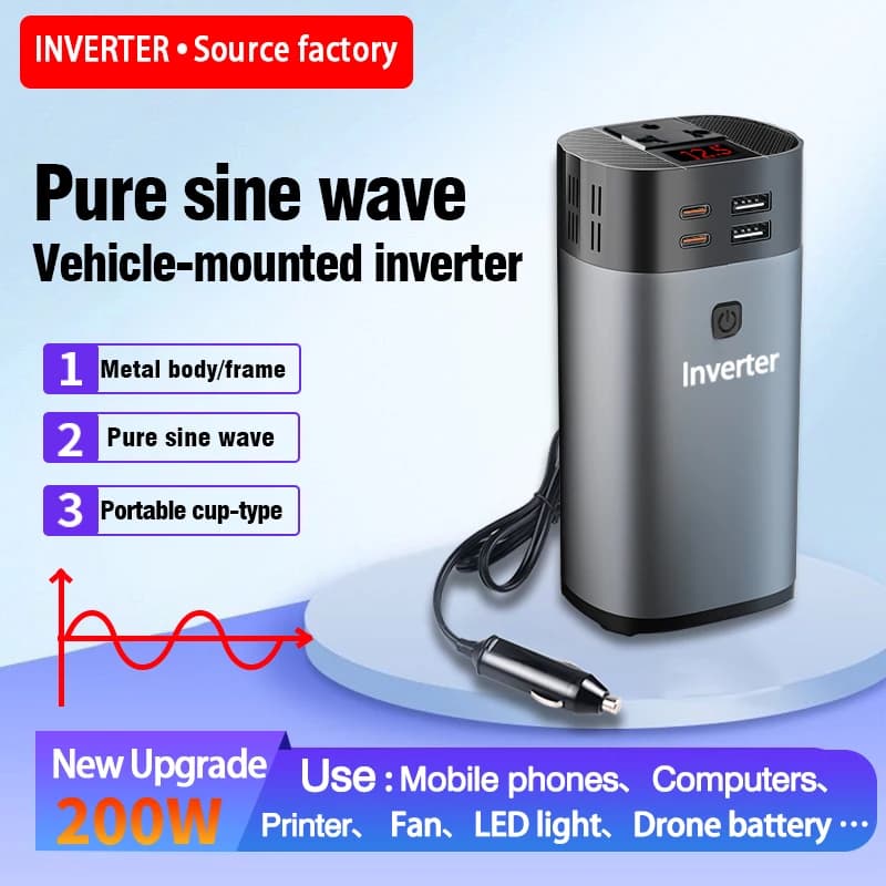 Convertitore per auto a onda sinusoidale pura da 200 W Convertitore da 12 V a 110 V 220 V con adattatore per porta accendisigari per auto a carica rapida PD30W di tipo C in metallo