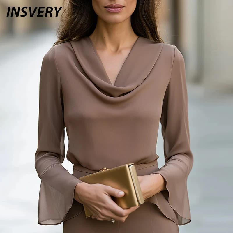 Elegant Flare Long Sleeve Pile Neck Blouse Shirt Women Spring Autumn Pullover Office Lady Tops Fashion Shirts