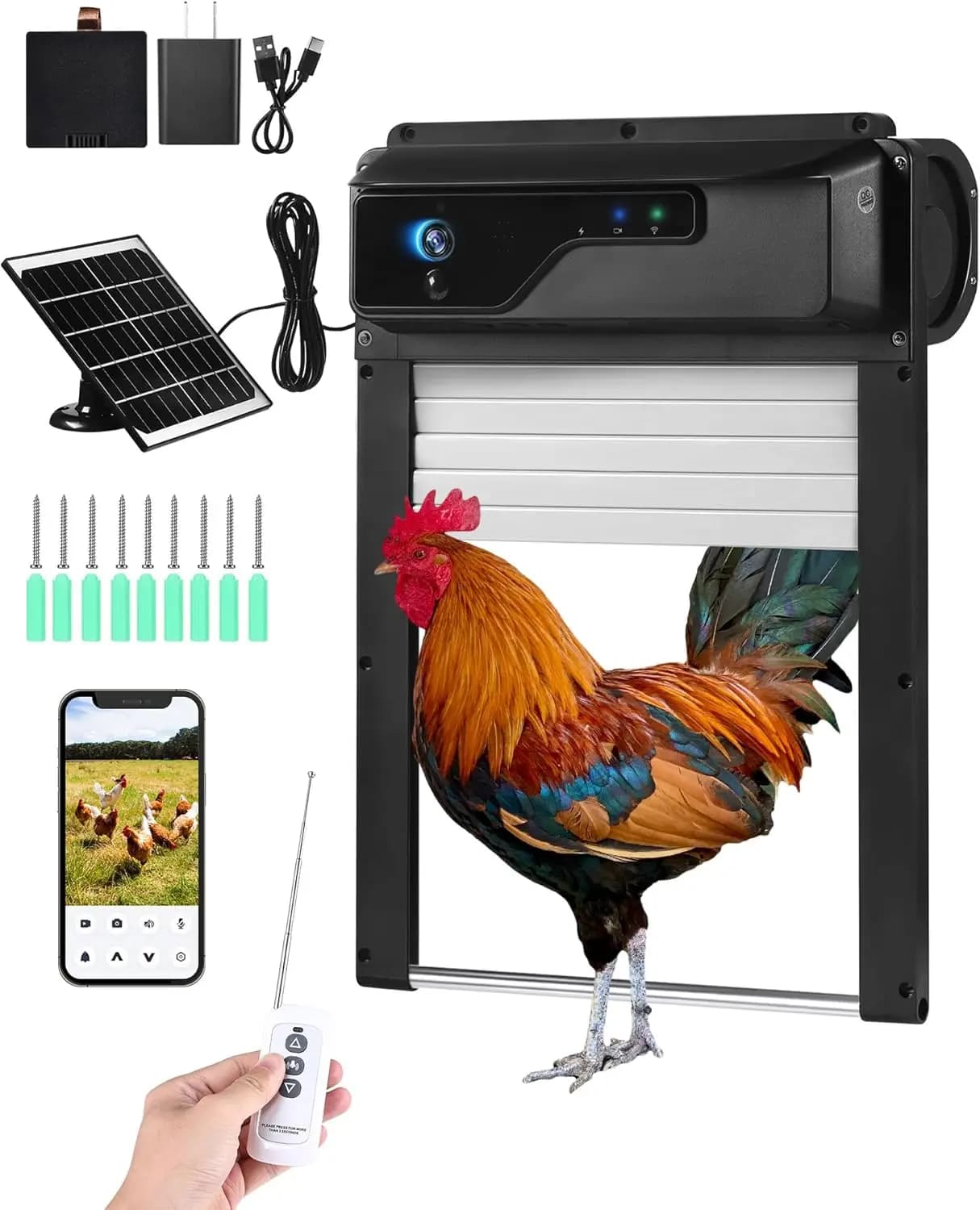 Porta Automatica per Pollaio con Telecamera WiFi HD1080p, Apertura Automatica Solare, Timer, Controllo Remoto via App, Batteria da 5000mAh, Visione Notturna