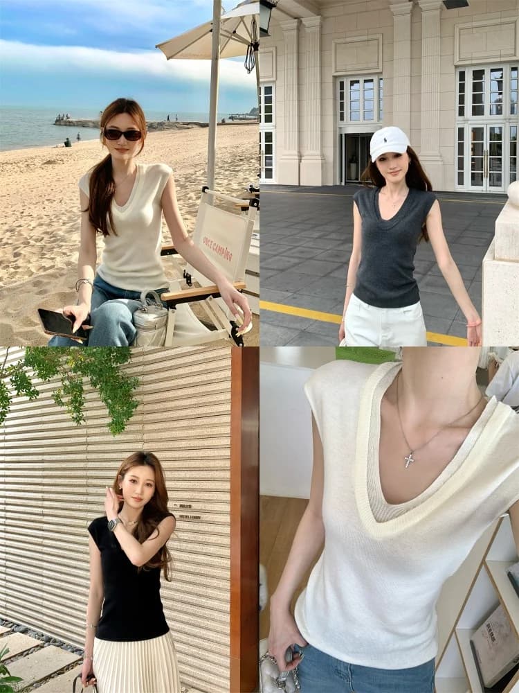 T-shirt Estivo Slim Fit in Maglia con Scollo a V da Donna, Top Basic a Maniche Corte Tinta Unita, Stile Commuter Seven B, in Misto Fibra Elastica