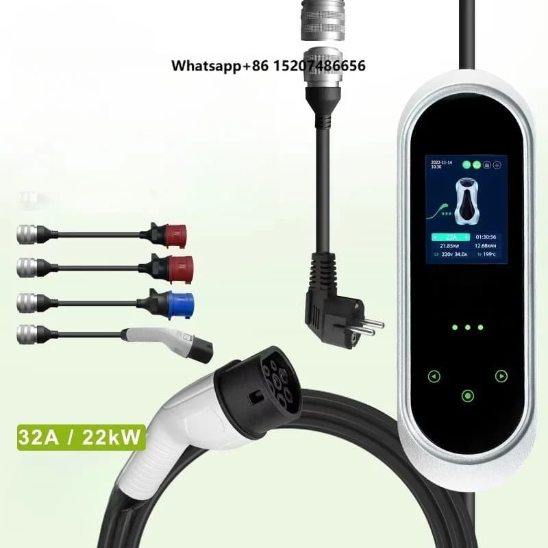 Smart Portable Electric Car Charger 22kW 32Amp EV Charger Type 2 IEC 62196-2 Standard Plug with Optional Adapters