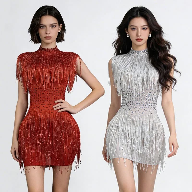 Abiti da Palcoscenico per Donne, Vestiti Rossi con Frange Luccicanti, Costume da Cantante, Abbigliamento Sexy da Discoteca, Abbigliamento per Feste e Rave VDL5178