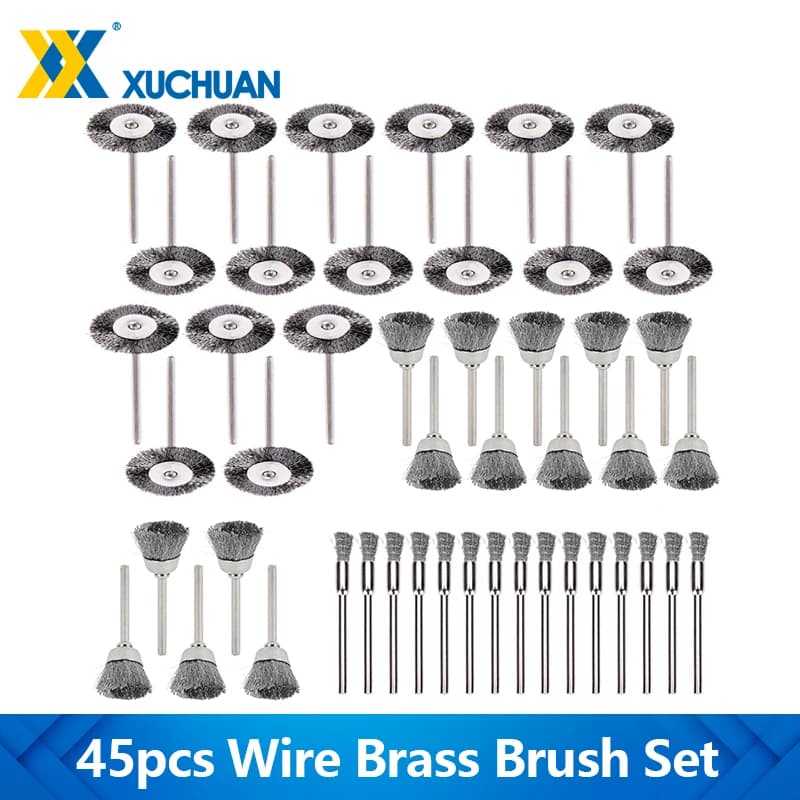 Set di spazzole in filo di acciaio da 45 pezzi Set di spazzole per lucidatura con ruota in filo metallico con gambo da 3 mm per utensili rotanti Dremel