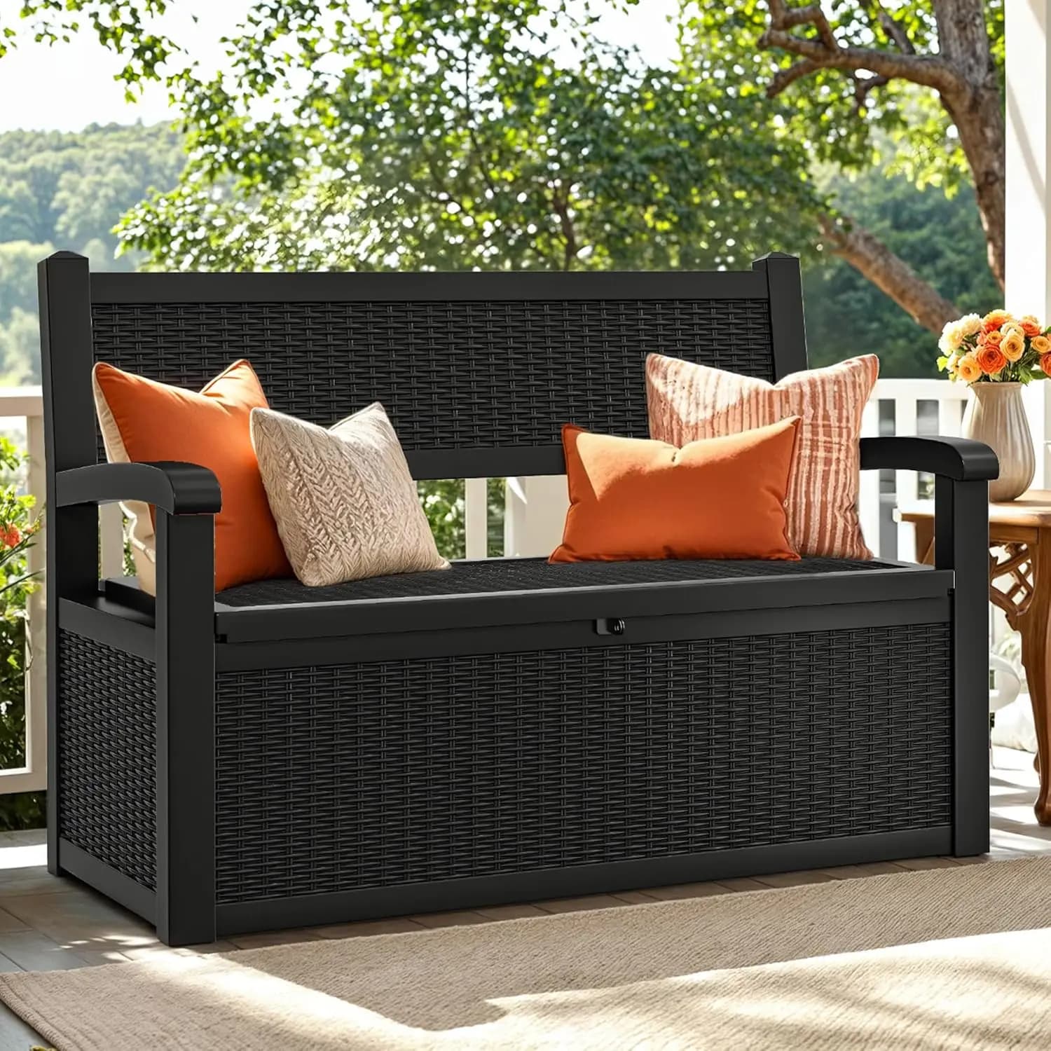 Panca da Esterno da 70 Galloni con Vano Portaoggetti, Panca Contenitore da Esterno con Braccioli per Patio, Giardino, Piscina, Portico, Impermeabile e Bloccabile