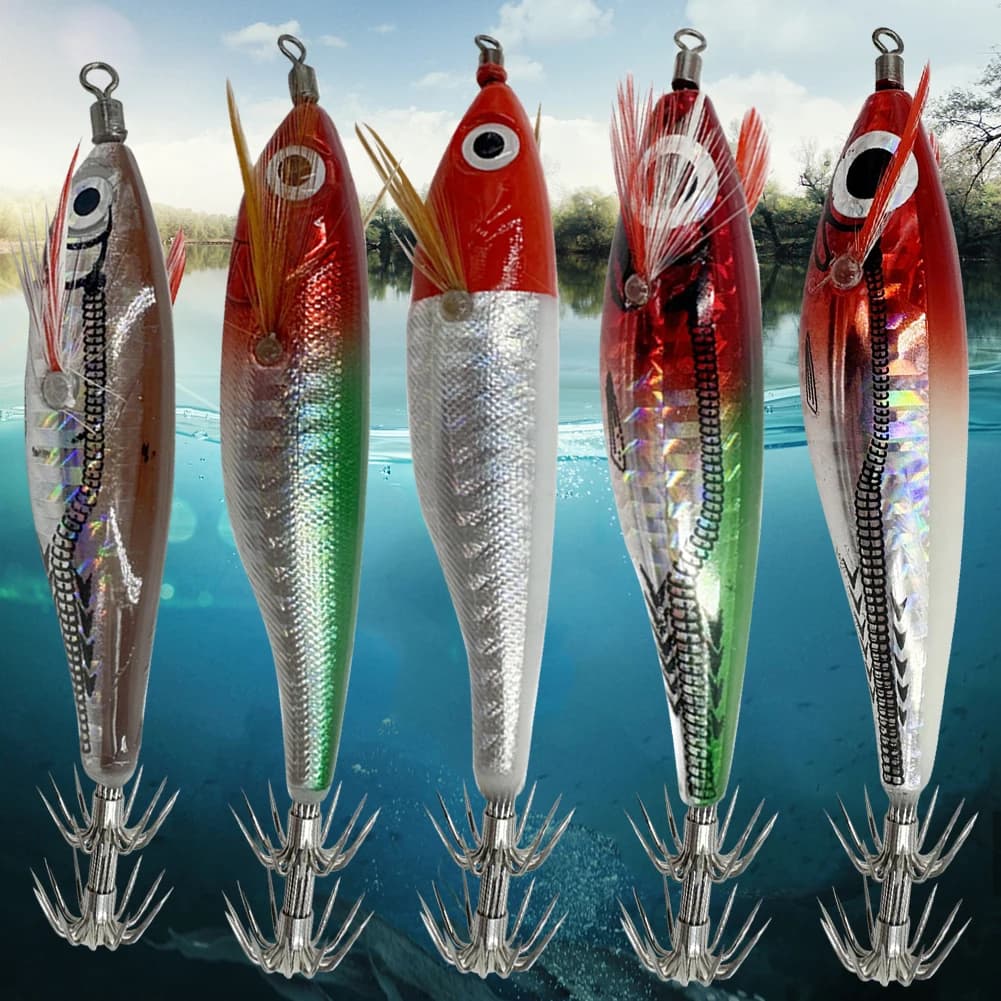 Laser orizzontale gamberetti calamari gancio Webfoot polpo Egi artificiale richiamo di pesca gamberetti esca legno gamberetti esca robusto gancio di calamaro