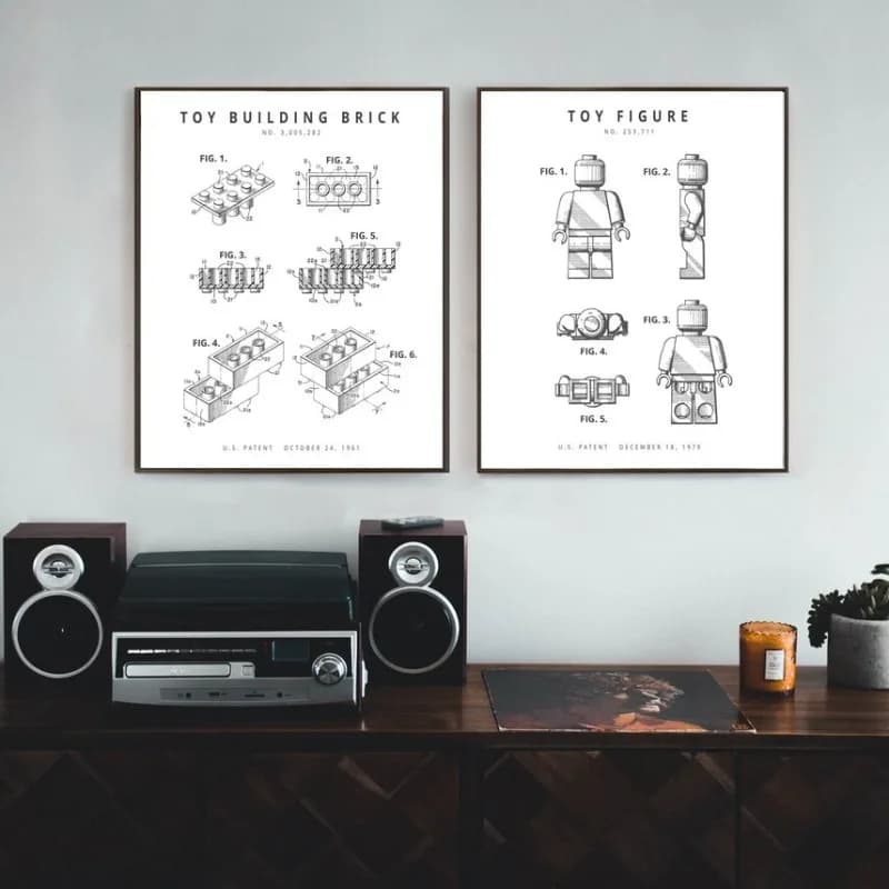 Black and White Building Toy Poster Toy Figure Block Patent Canvas Painting Modern Wall Art for Boy Teen Play Room Home Decor