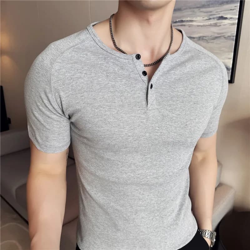 T-shirt Henley slim fit da uomo - Maglia a costine a maniche corte estiva per allenamento in palestra | Maglietta Elasticizzata per Bodybuilding e Fitness