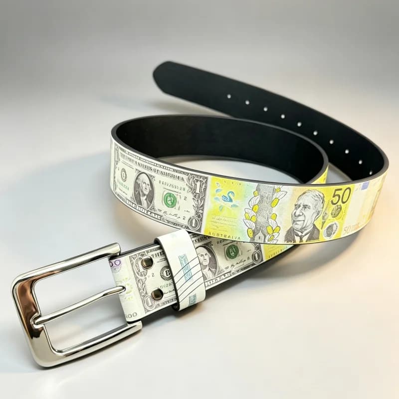 Y2K Streetwear Money Print Waist Belt Retro US Dollar Euro Bank Note Pattern PU Leather Adjustable Pin Buckle Belt for Pants