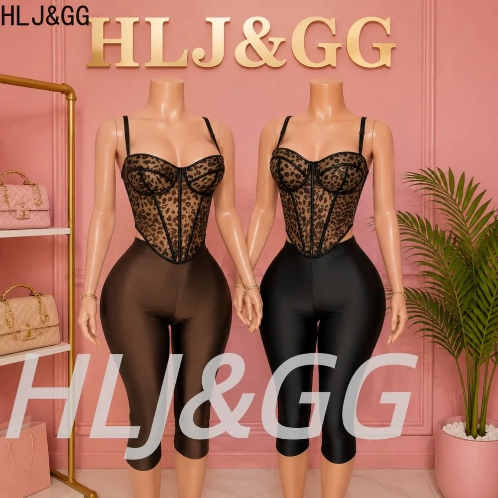 HLJ&GG Trend Fashion Leopard Print Halter Corset Two Piece Sets Women Sleeveless Backless Slim Top And Shorts Outfits Streetwear