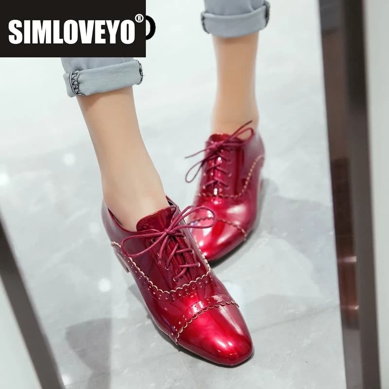 SIMLOVEYO 2025 Nuovo Design Lucido Pompe Femminili Punta Quadrata Tacchi Spessi 4 Centimetri Lace Up Plus Size 43 44 45 46 Casual Quotidiano Scarpe Da Donna