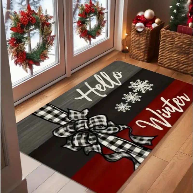 Christmas Doormat with Santa Claus Holiday Floor Mat Suitable for Red Background with Green Front Doors Holiday Home Decoration