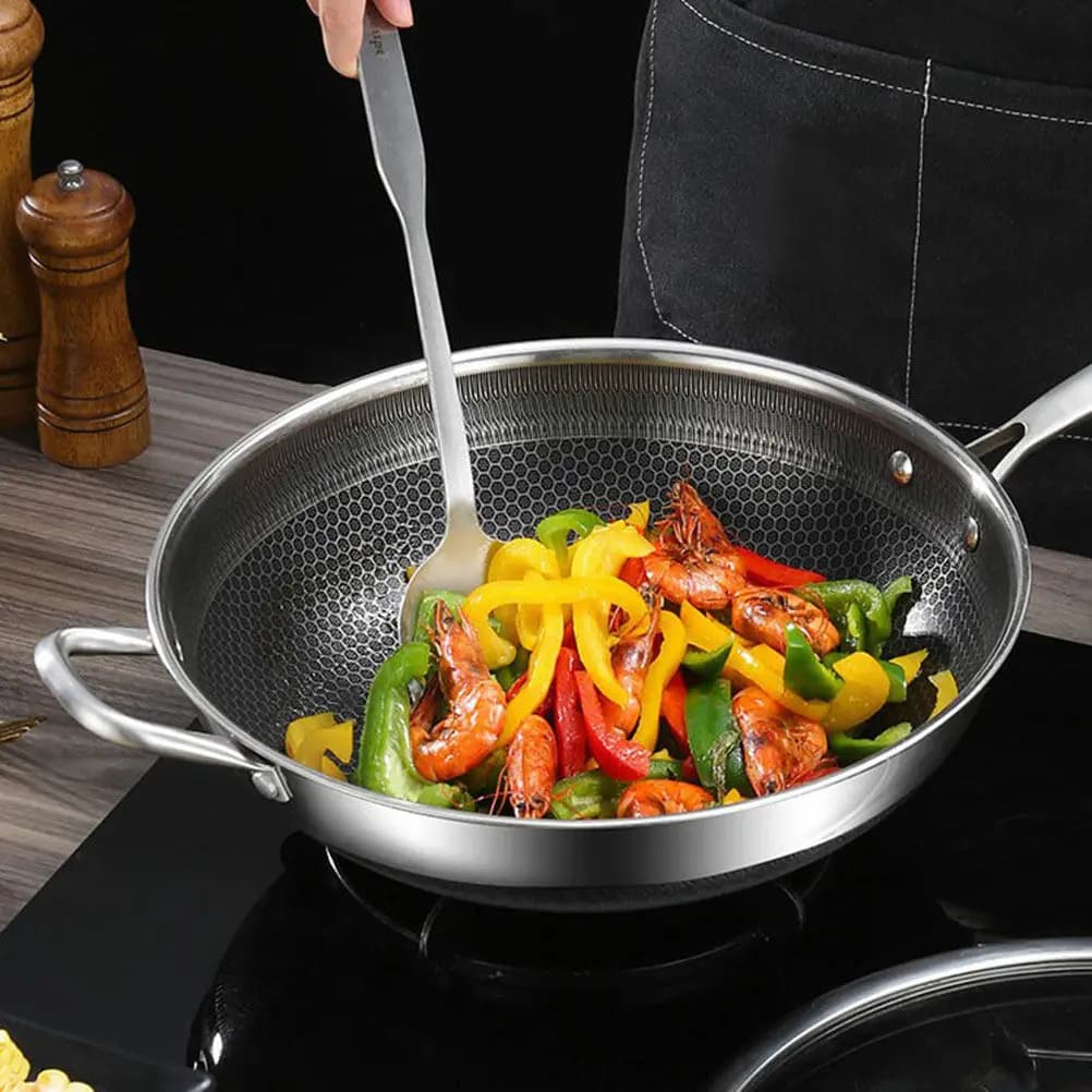 Padella Wok in Acciaio Inossidabile a Nido d'Ape con Doppio Manico, Superficie Antiaderente Resistente per Barbecue, Bistecche e Verdure