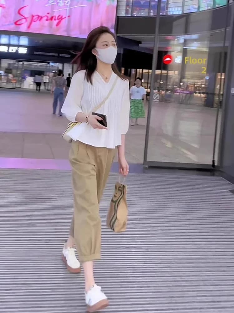Tea Series Women's Fashion Set Slimming Two-Piece Suit V-Neck Button up Shirt High Waist Pants Luxury Sensation Summer Wear